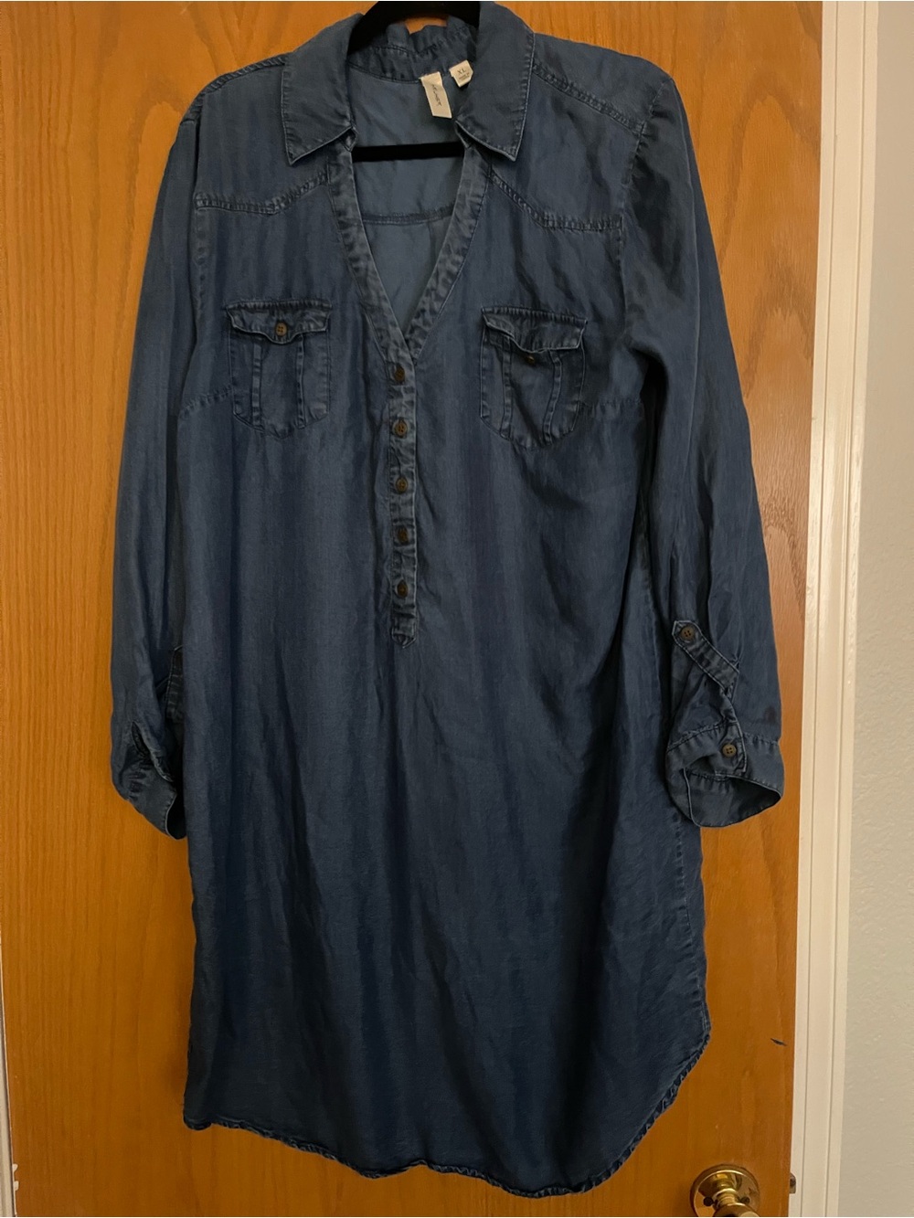 Tacera Denim-Look Long Sleeve Shirt Dress in Deep Blue